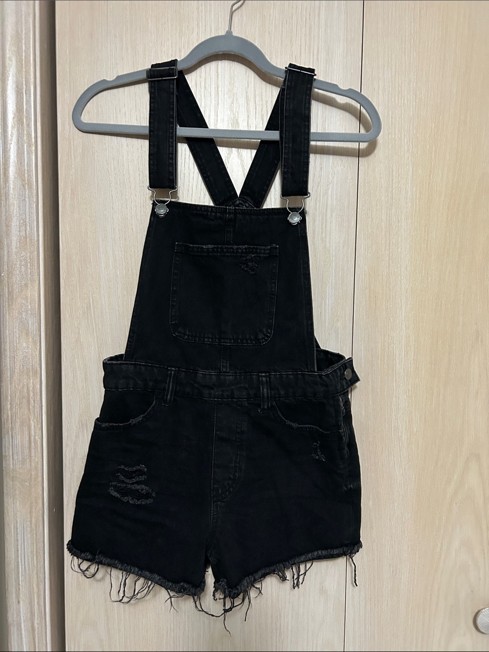 Bershka Black Denim Short Overalls with Frayed Hem